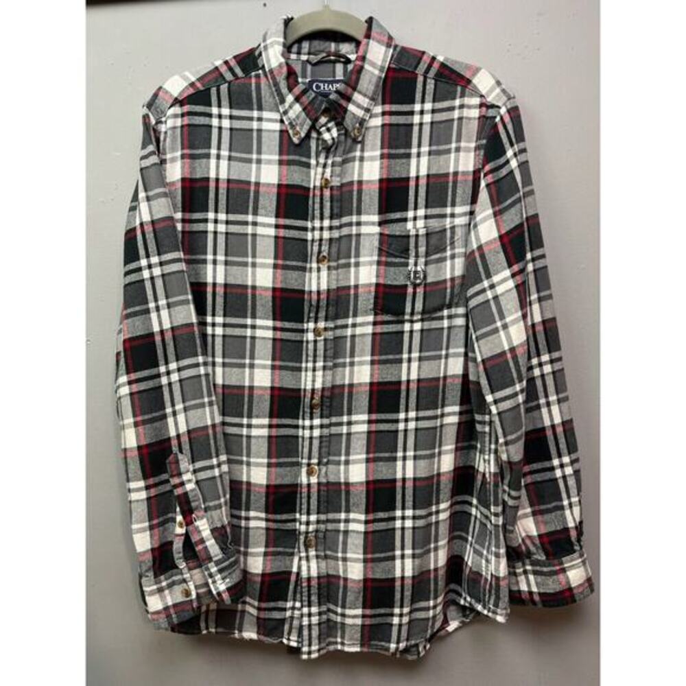 Chaps Button‎ Down Shirt Mens Medium Brushed Flannel Gray Plaid Preppy Classic